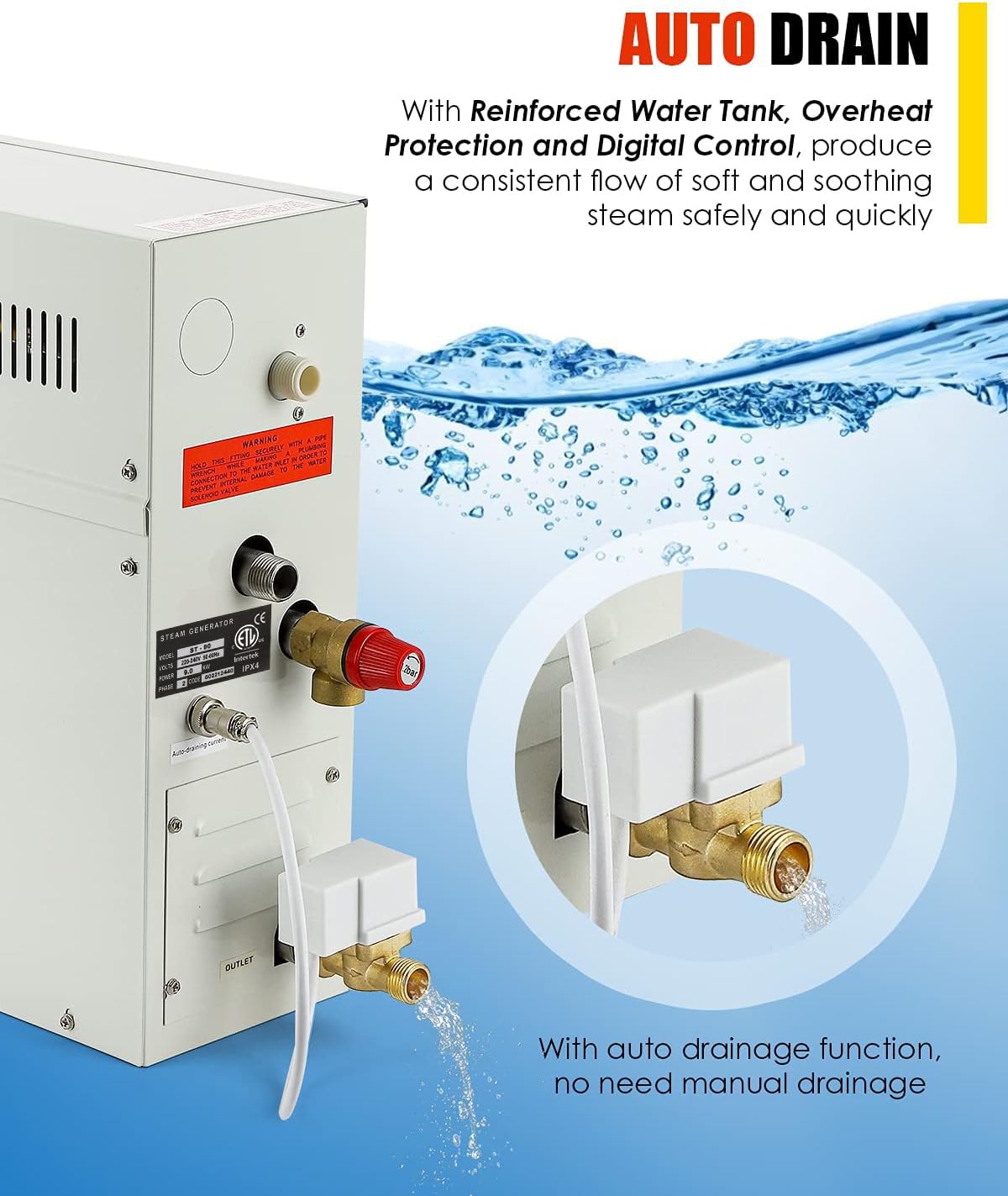 CGOLDENWALL 6KW Luxury Self-draining Steam Generator Shower Sauna Bath Home Steam Bath Spa Generator with waterproof Control and Auto Drain 95-131℉ For Max space heating 6 m³ (212 ft3)