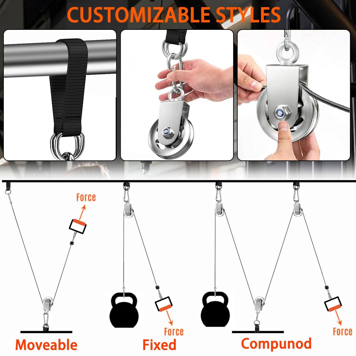 8 Pack Silent Aluminium Alloy Gym Cable Pulley Wheel for Home DIY Gym Pulley System, 304 stainless steel bracket, 3.54 in/90mm Gym Pulley for Max.660LBS Load, Suitable for Lat Pulldown&cable exercises