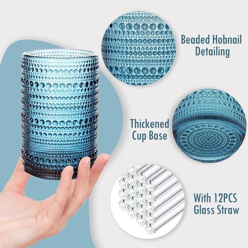 FULGNU Hobnail Drinking Glasses with Straws, 15oz&12oz Vintage Glassware Set of 12, Blue Hobnail Glassware Embossed Vintage Water Cups, Highball Glasses for Cocktail,Whiskey,Beer and Juice