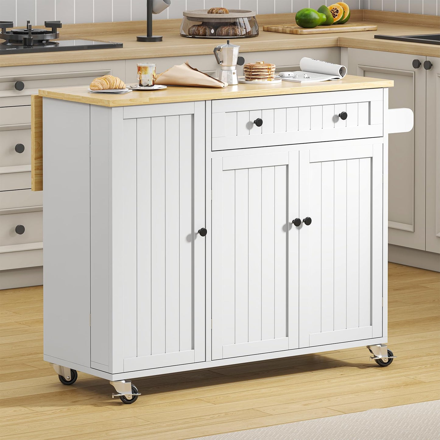 Bigbiglife Kitchen Island with Drop Leaf, Island Table on Wheels with Storage Cabinet, Modern Sideboard Buffet with Doors, Rolling Kitchen Island Cart for Dinning Room,White