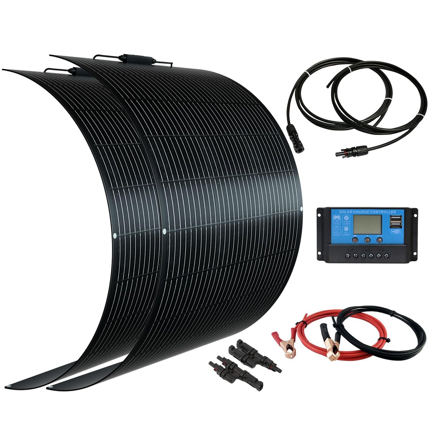 Flexible Solar Panel kit 200W 12V,2PCS 100W Monocrystalline Module,20A Charge Controller,Extension Cable Off-Grid Charger for RV Boat Van Car Curve Surfaces (Black)
