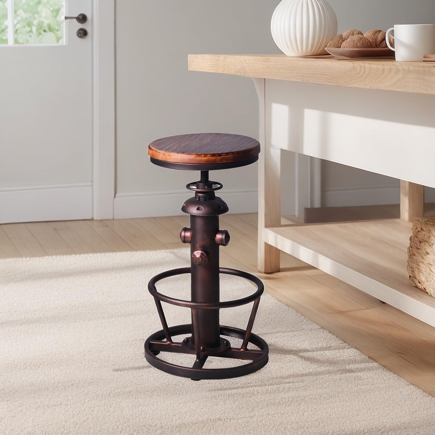BOKKOLIK Vintage Swivel Bar Stool Industrial Coffee Kitchen Dining Chair Fire Hydrant Design Height Adjustable 24.8-30.7inch Solid Wooden Seat