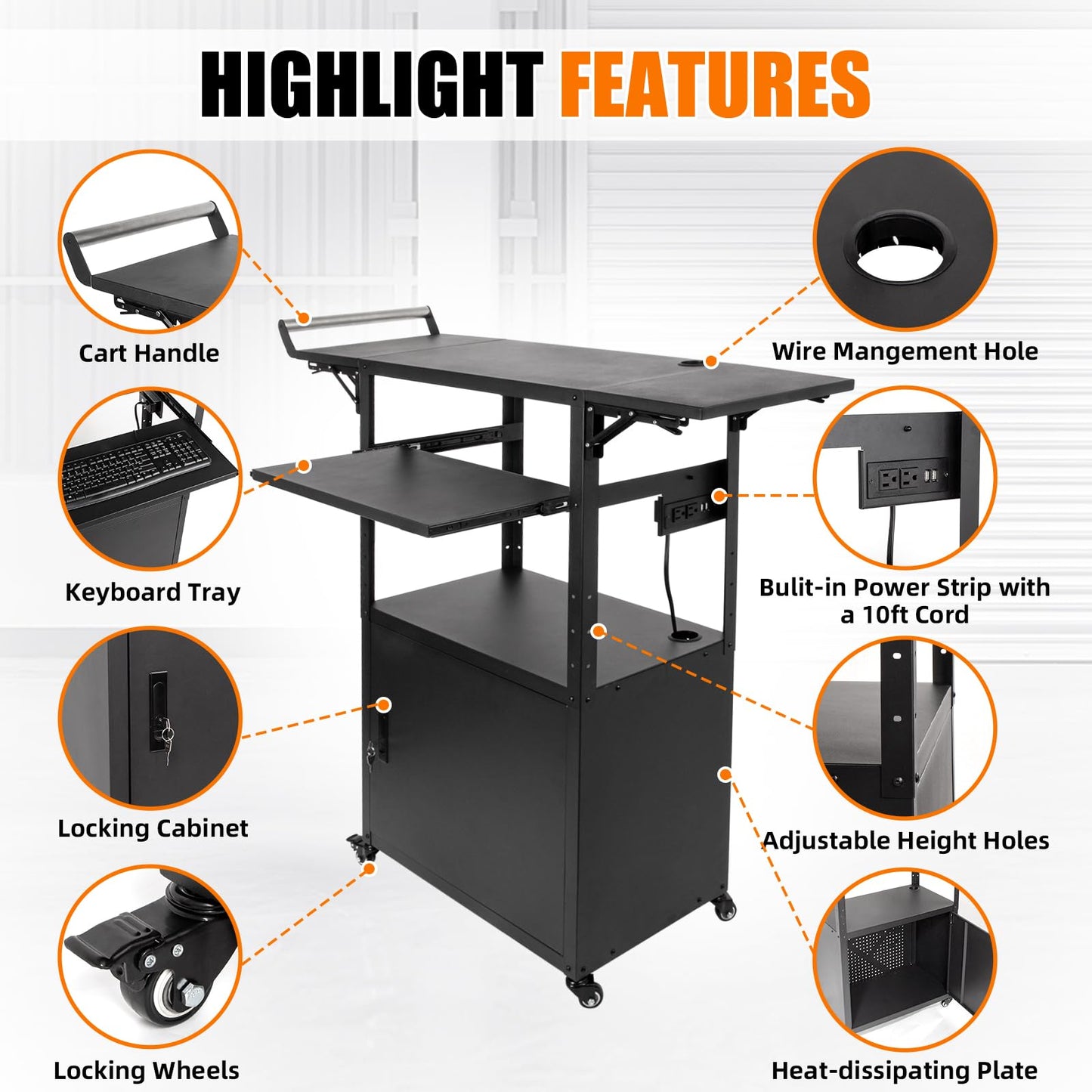 Large Mobile AV Cart with Locking Cabinet and Drop Leaves, Height Adjustable Steel AV Cart with Wheels and Power, Rolling Computer Cart with Pullout Keyboard Tray for Office, Warehouse&Classroom