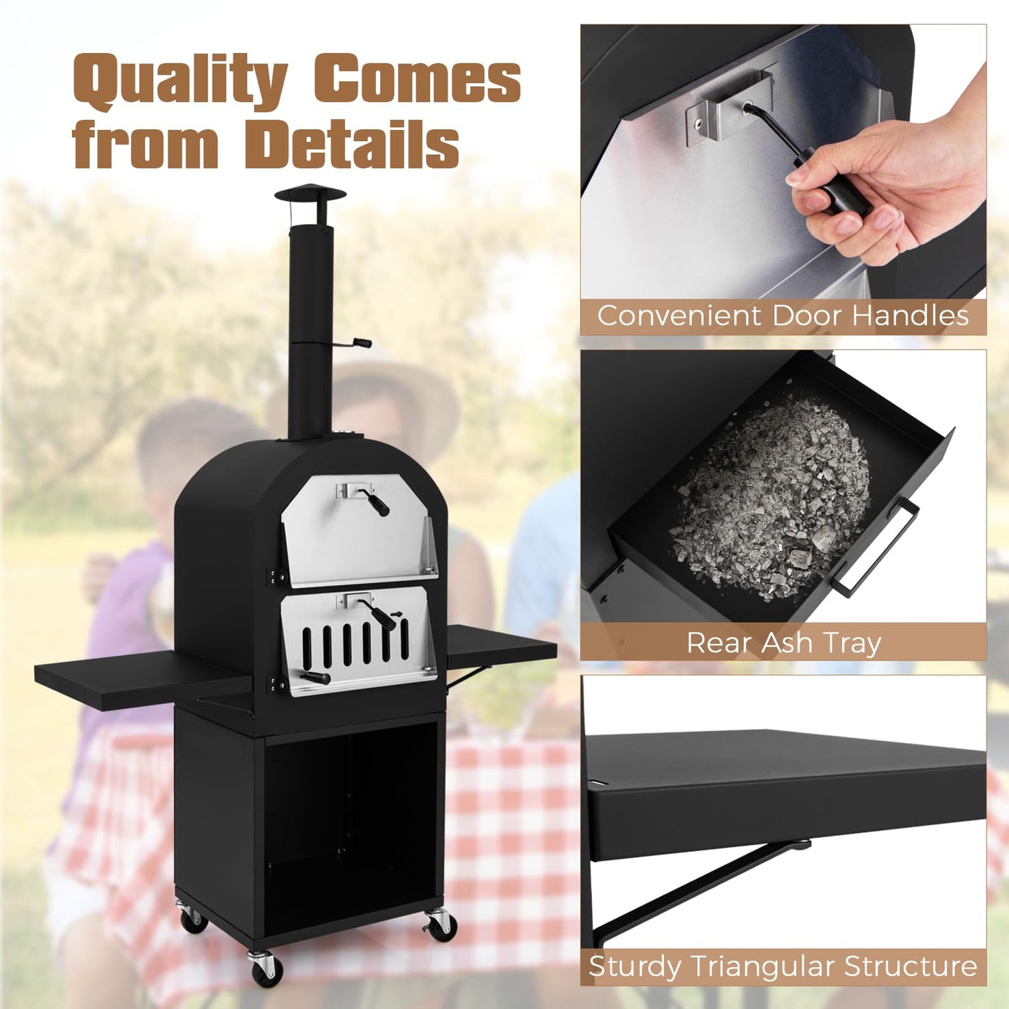 LDAILY Outdoor Pizza Oven, Wood Fired Pizza Maker with Side Shelves, Cooking Grids, Cover, Pizza Stone & Peel, Patio Portable Pizza Stove for Backyard, Camping & Party, Black