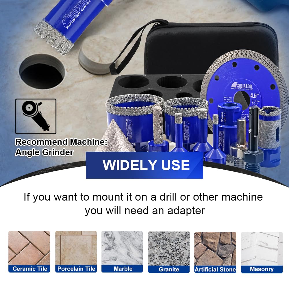 SHDIATOOL Diamond Drill Bits Kit - Core Bits Hole Saw Sets,Mould Guide for Drilling Porcelain Tile Marble Ceramic Granite with Hollow EVA Guide Jig 12pcs(6/8/10/35/50/65/10/25MM/2in/HEX+SDS+4.5in)