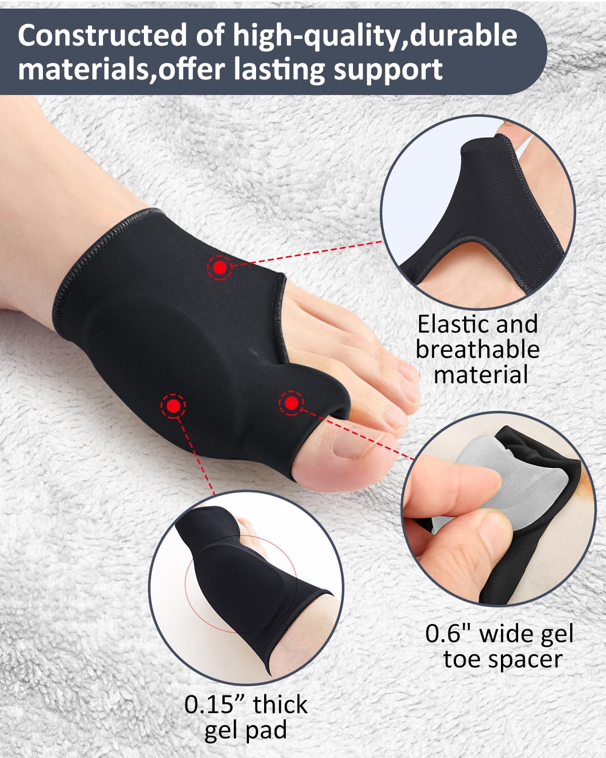 PGRODE 2 Pcs Bunion Corrector Toe Spacers Separators for Women Men Pain Relief, Big Toe Straighteners, Breathable Bunion Cushion Socks with Built-in Gel Pad (Black)