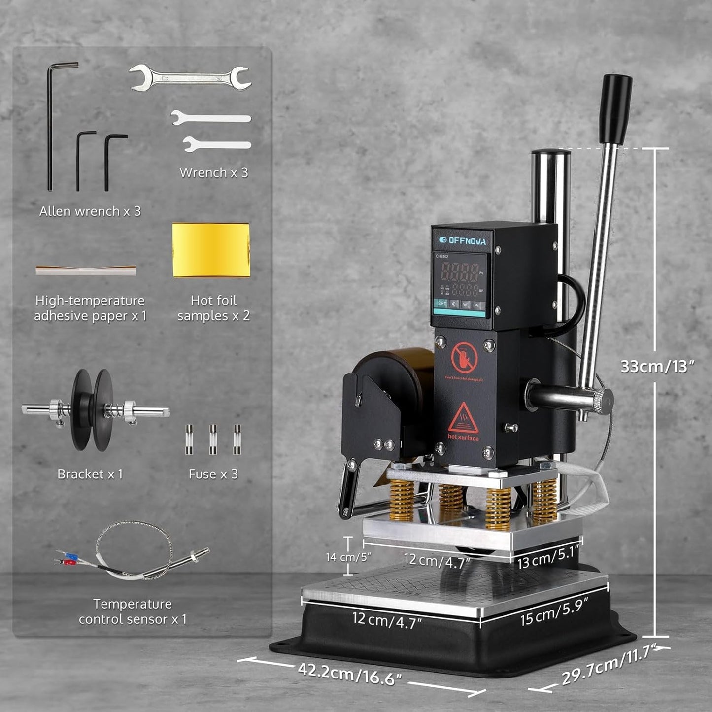 OFFNOVA Hot Foil Stamping Machine 10x13cm with U-Slot & Movable Table, 110V Digital Embossing Machine Manual Tipper Stamper for PVC Wood PU Leather Logo