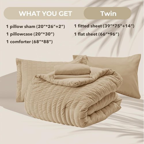 HYMOKEGE Twin Comforter Set - All Season Luxury 5-Piece Bedding in Khaki | Seersucker Design