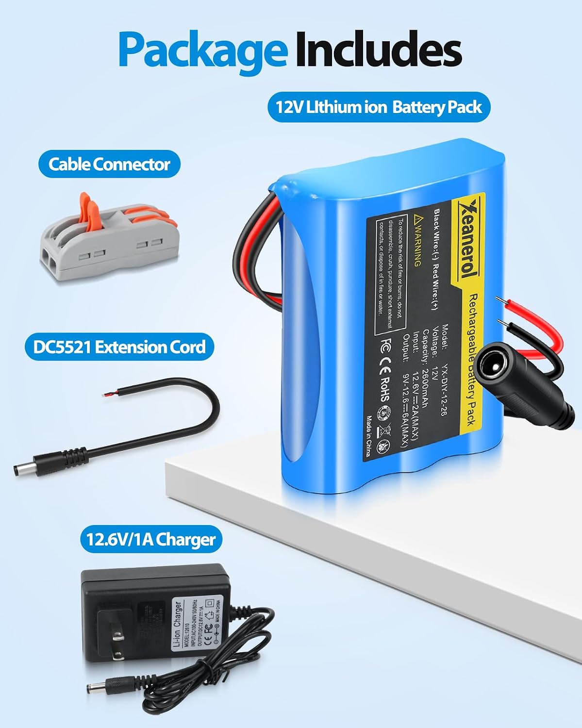 Xeanerol 12V 2600mAh Pack 12 Rechargeable Li-ion Battery with Charger, Bare Leads Wire Replacement Lithium Battery