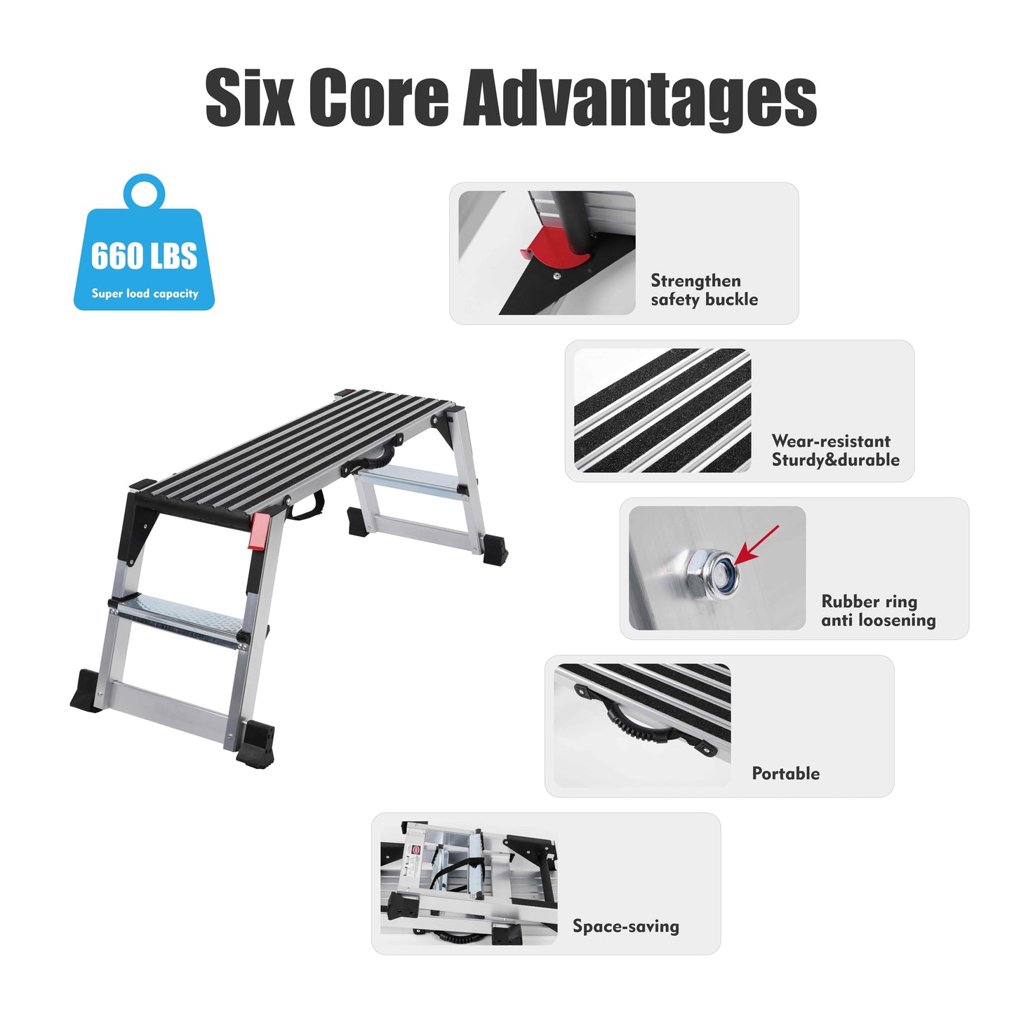 51" Aluminum Folding Work Platform, Car Wash Step Stool with Non-Slip Feet & Carrying Handle, Metal Step Ladder Bench for Mechanics, Shop, Automotive & Drywall Work — 330 lbs Load Capacity