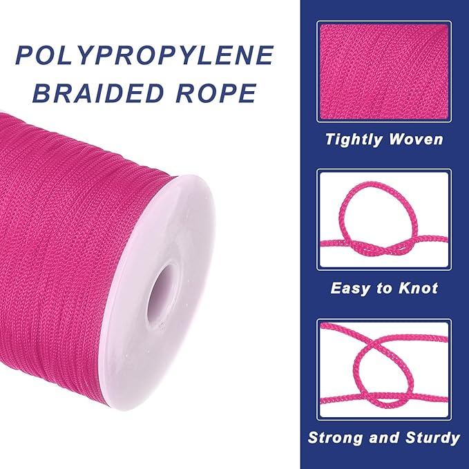 MECCANIXITY 1/16 Inch Polypropylene Rope Braided Ropes, 328ft Nylon Rope Hollow Utility Cord for Clothesline, Camping, Hiking, Outdoor, Rose Red
