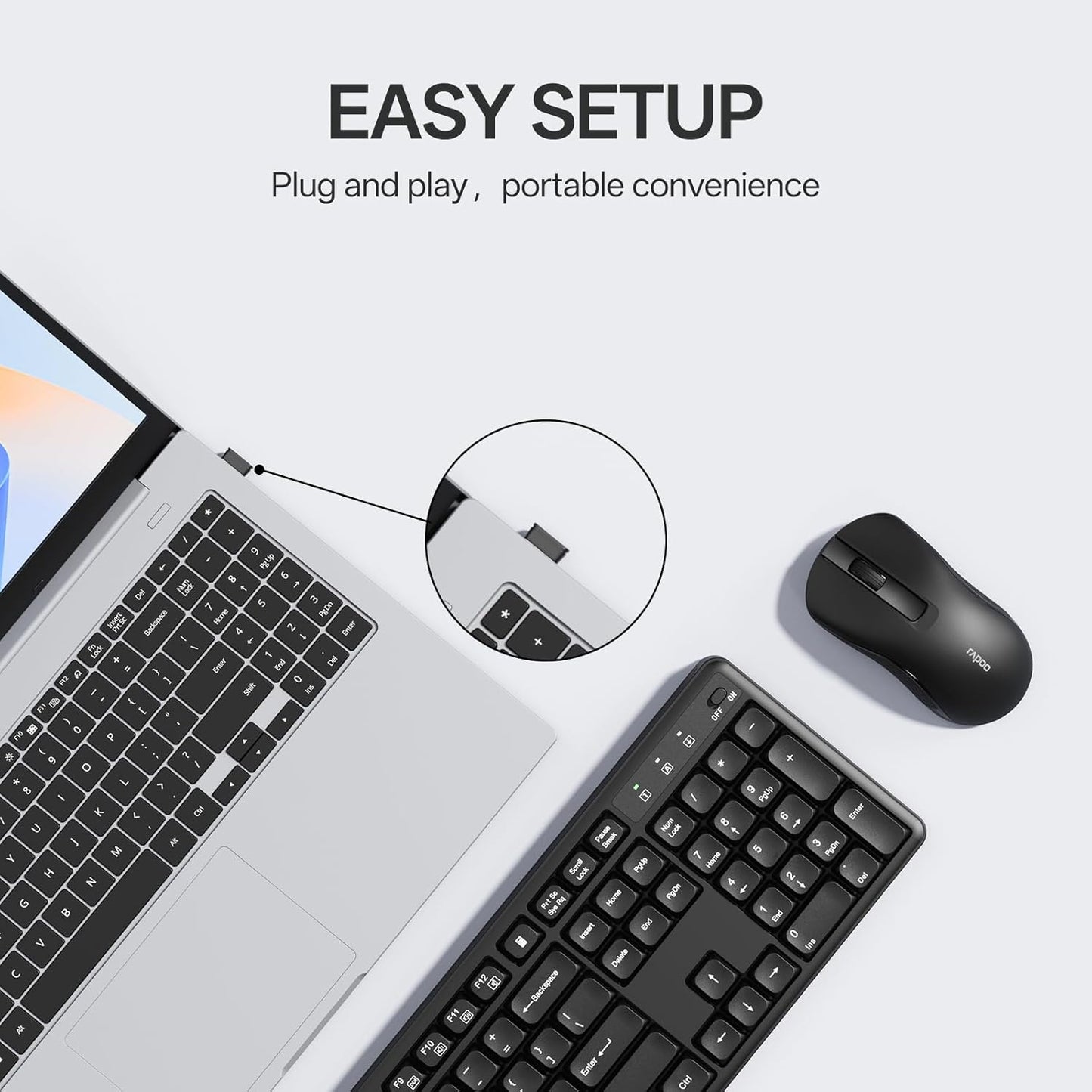 Rapoo X2100 2.4GHz 12 Quiet Wireless Keyboard and Mouse Combo, USB Receiver, Multimedia Keys, Spill-Proof, Full-Sized