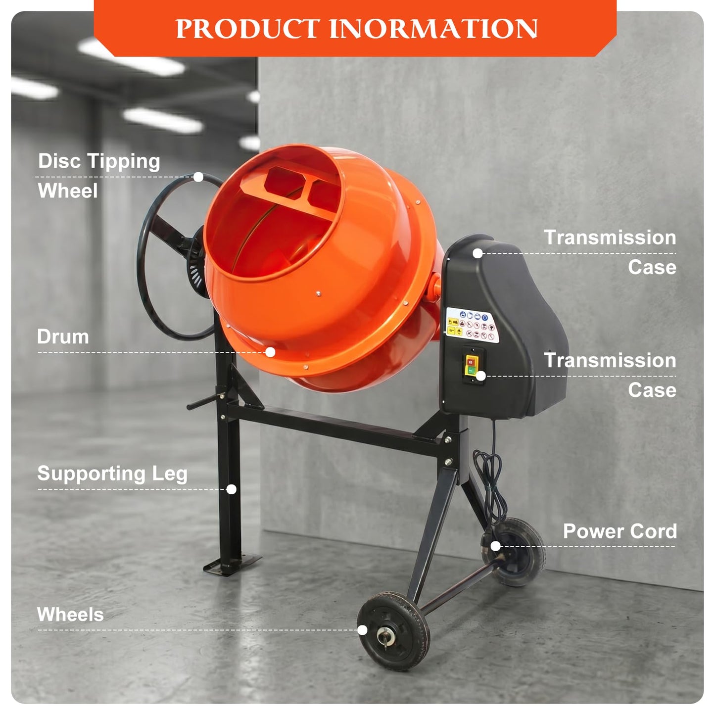 PulSpeed 5 Cubic Ft Concrete Cement Mixer with Wheel and Stand,Electric ConcreteMixer 0.75 HP 550W Adjustable Tilt, Portable Heavy Concrete Mud Mixer Toolsfor Mortar Stucco Seeds and Fodder