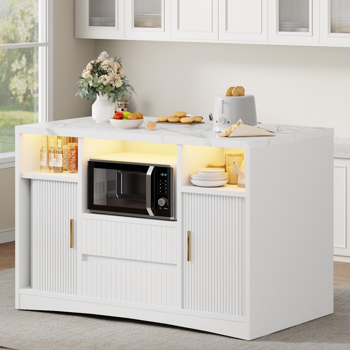 Homiflex Kitchen Island with Storage, Island Table for Kitchen with Power Outlet & LED Light, Rolling Buffet Cabinet with Fluted Sliding Door, 2 Drawers, Large Countertop, White