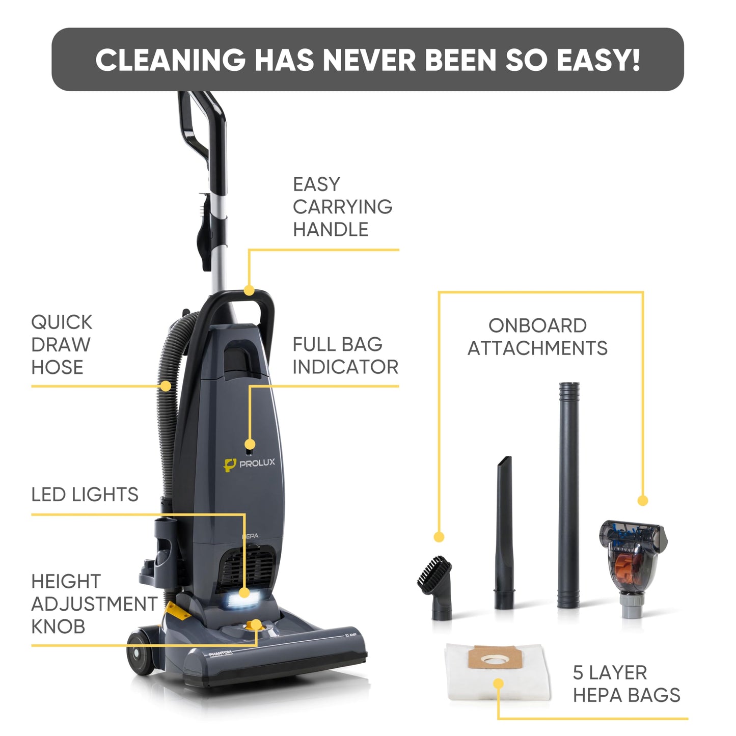 Prolux Phantom Pro Commercial Upright Vacuum Cleaner – HEPA Filtration, Bagged, High-Suction, Deep Cleaning, Lightweight with Onboard Tools only 12lbs Ideal for Business, Professional & Industrial Use