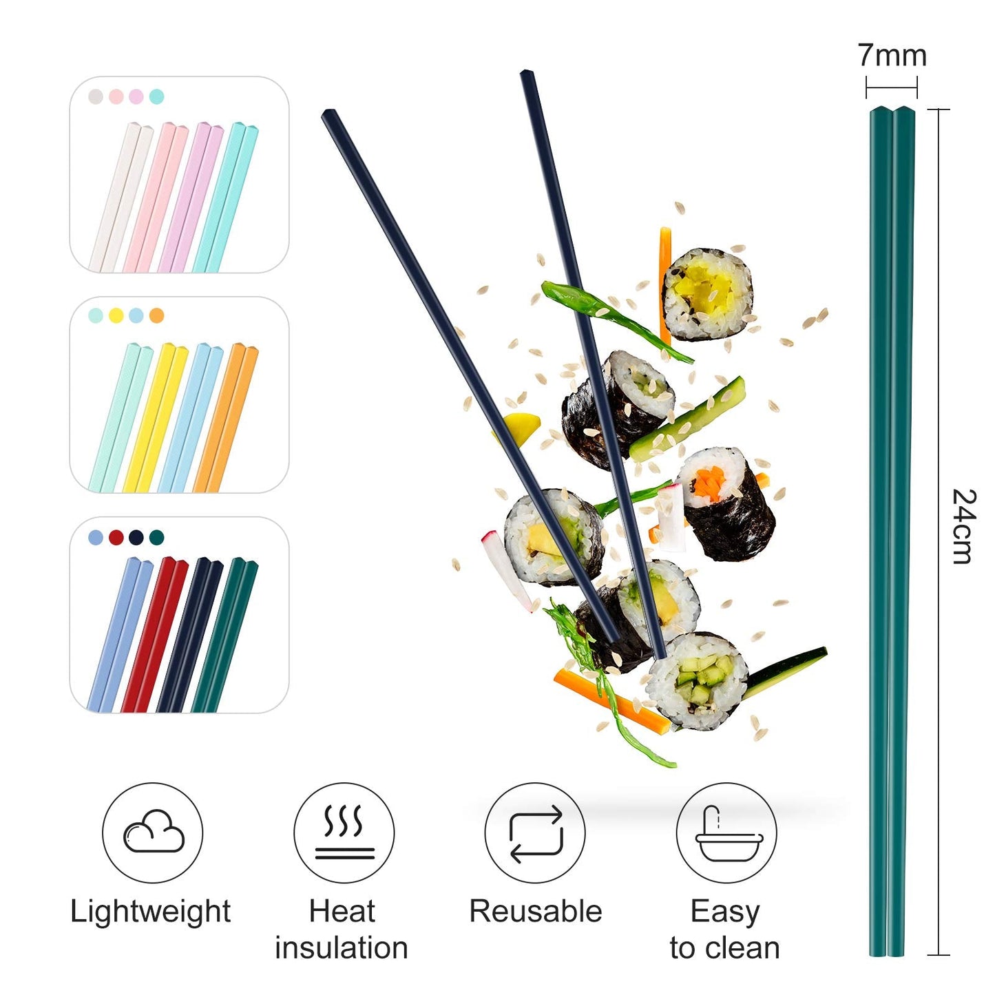 Boao 12 Pairs Colorful Chopsticks 9 Inch Reusable Fiberglass Chop Sticks Bulk Dishwasher Safe Lightweight Chopsticks Set Party Favor(Multicolor)