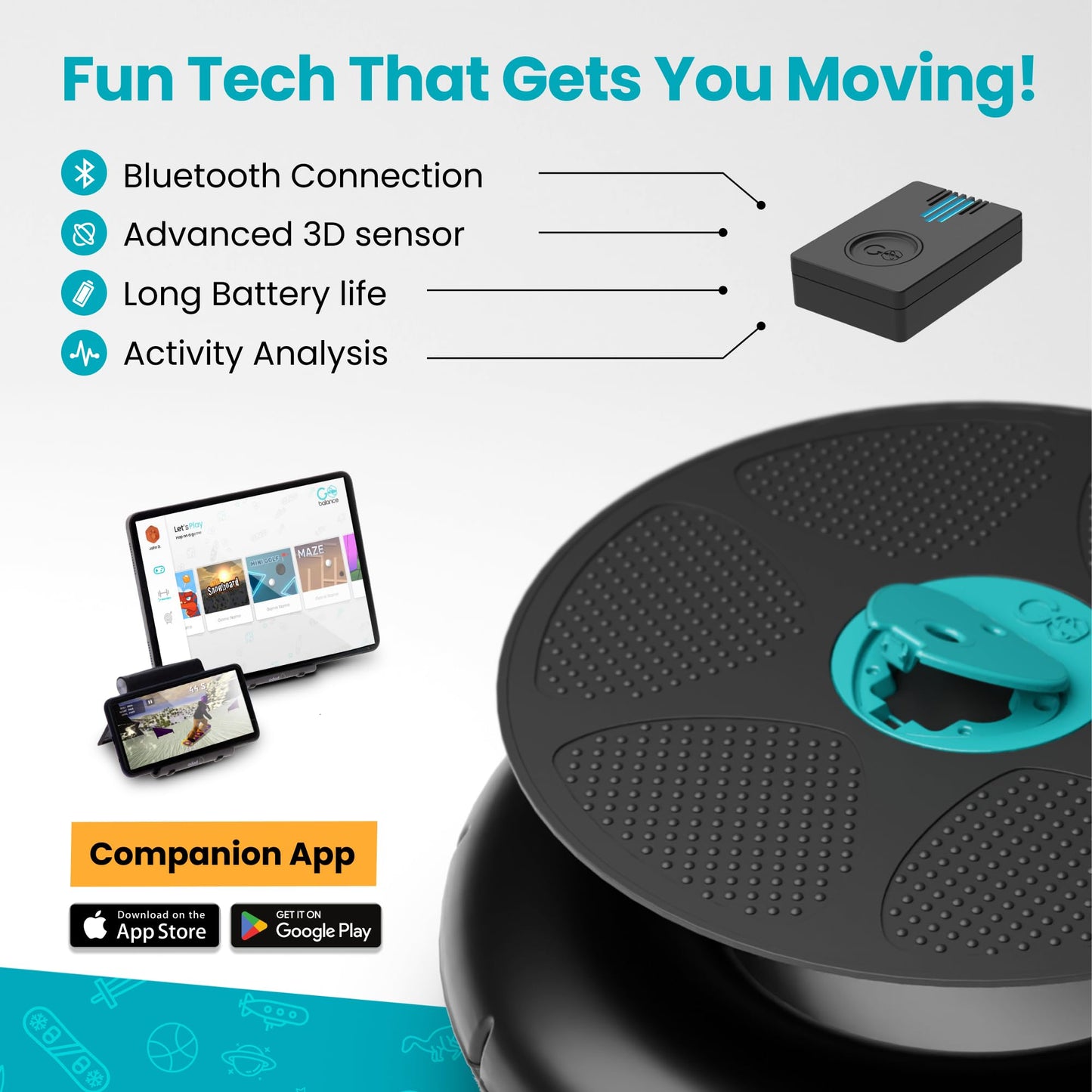 GoBalance Play - Smart Balance Board Game with Bluetooth Motion Sensors, Professional Wobble Board with 12 Interactive Games for Fun, Balance training and Home Gym Workout.