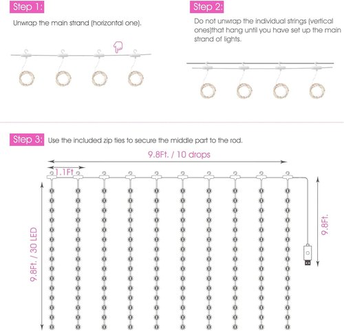 Minetom 300 LED Curtain Lights - Dimmable Fairy Lights with Remote & Timer | Pink USB String Lights for Indoor Decor