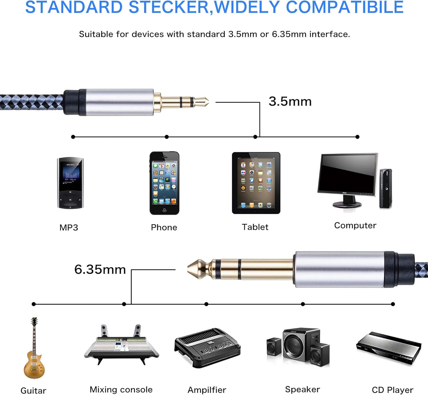 Tiierzon 1/8 1/4 25Ft, 6.35mm 1/4" 3.5mm 1/8" Amplifiers(25Ft) to Stereo Cable Male to Male TRS Bidirectional Stereo