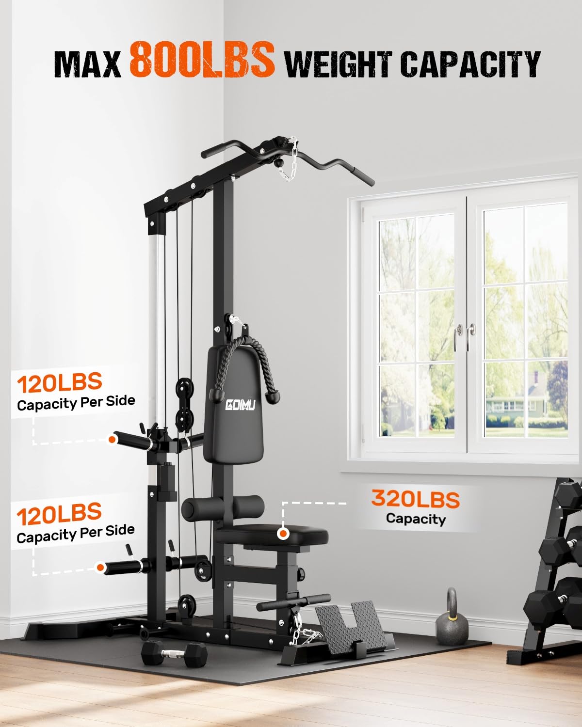 GOIMU LS01 LAT Pulldown Machine, LAT Row Cable Machine with AB Crunch, LAT Tower with Cable Row Attachment, 3 in 1 Pulley Stations for Home Gym(Black with 100lbs)