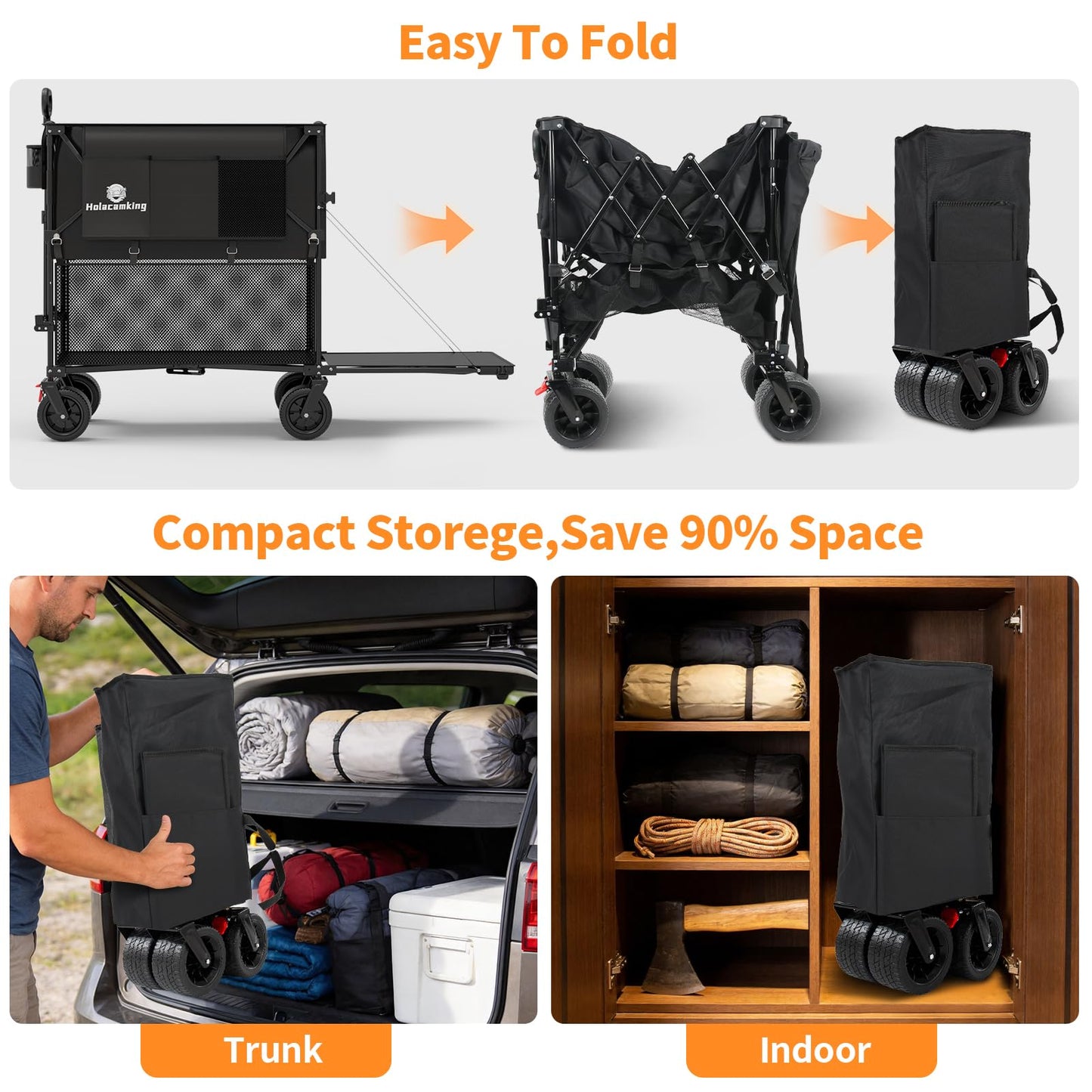 Holacamking 480L Double Decker Wagon, 58" L Extended Foldable Utility Cart with Tailgate, Big All-Terrain Wheels with Brakes, 520lbs Heavy Duty Collapsible Wagon for Camping Beach Sports Grocery Pets