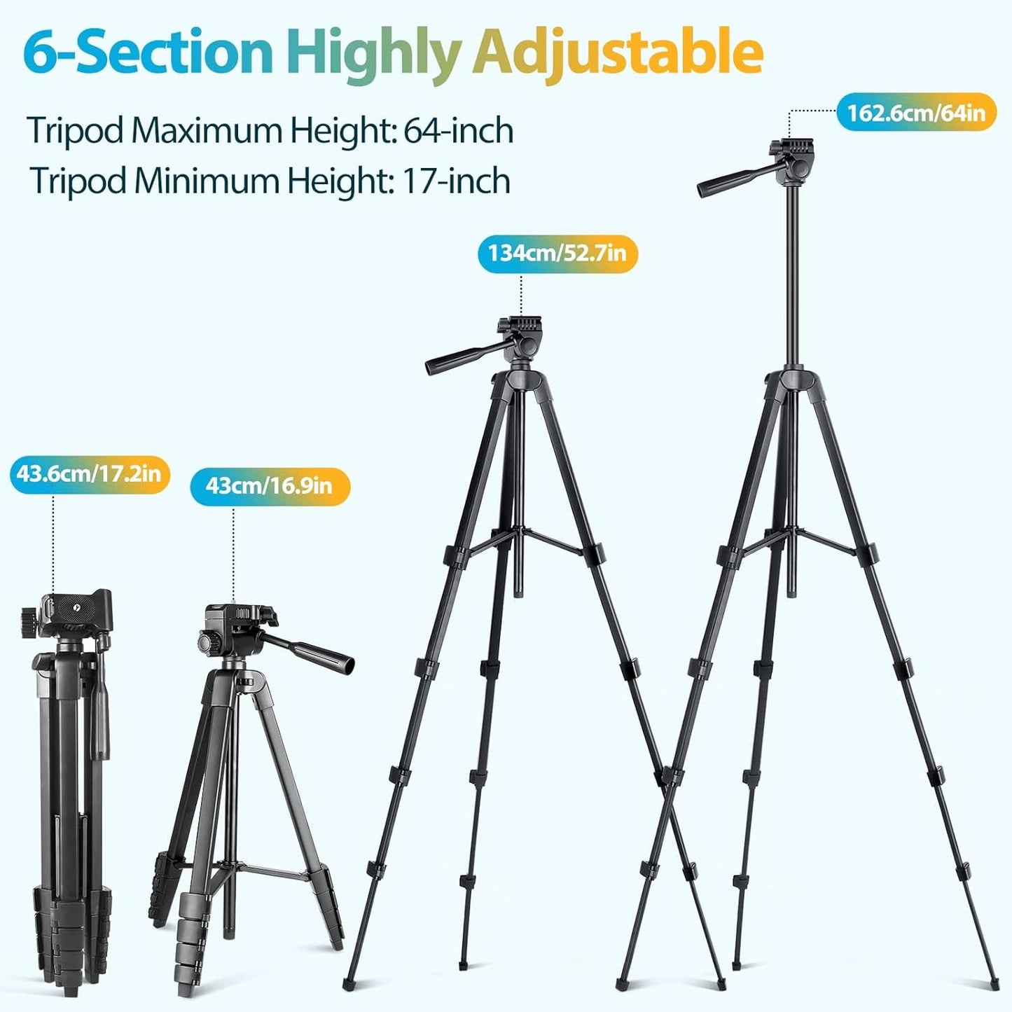 Aureday 64 Phone Tripod Stand, Extendable Cell Phone&Camera Tripod with Wireless Remote and Phone Holder, Aluminum iPad