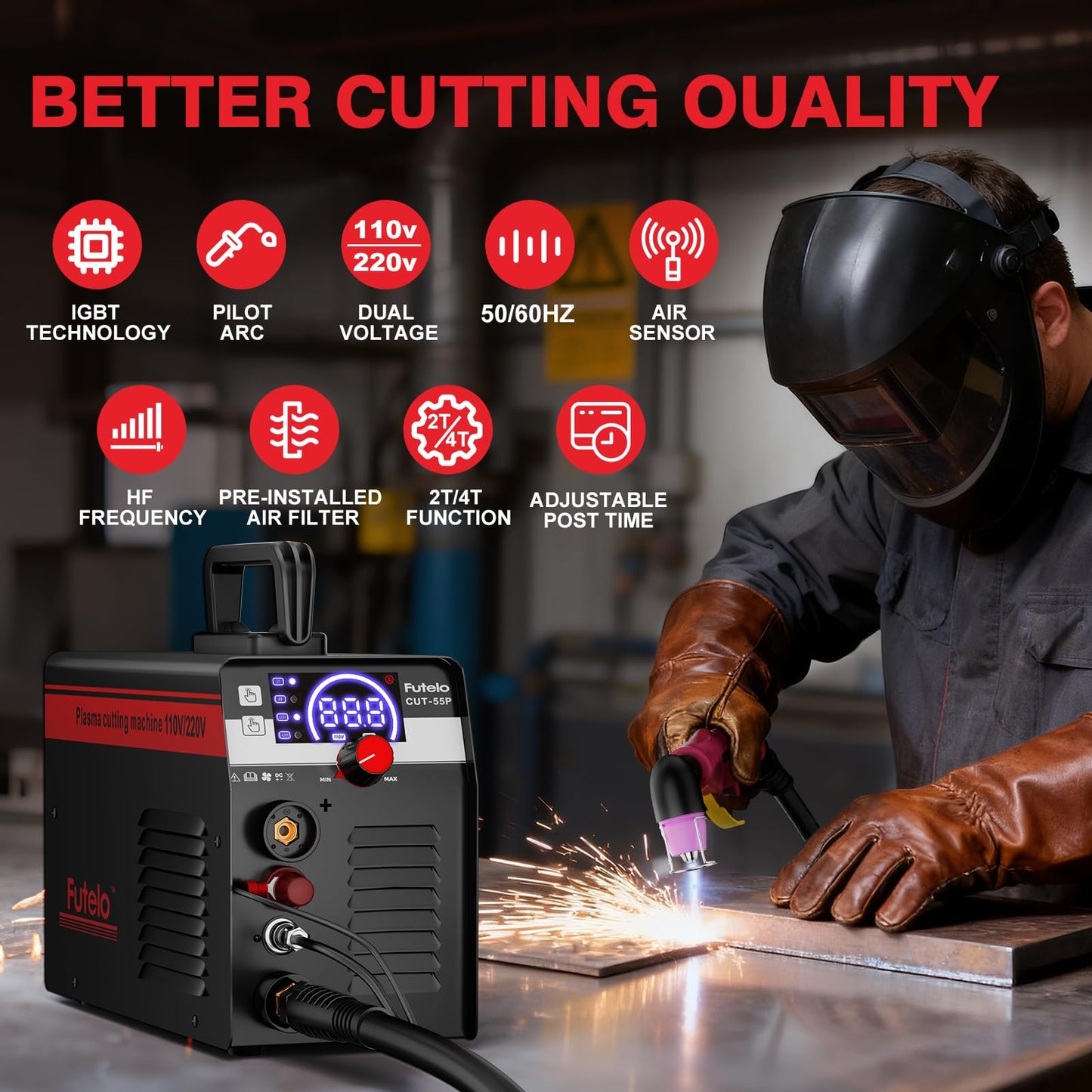 Futelo Plasma Cutter 55A, Non-Touch Pilot Arc Plasma Cutter Machine, 110V/220V Dual Voltage, Large LED Display, IGBT Inverter, 1/2” Clean Cut, Portable Plasma Cutting Equipment
