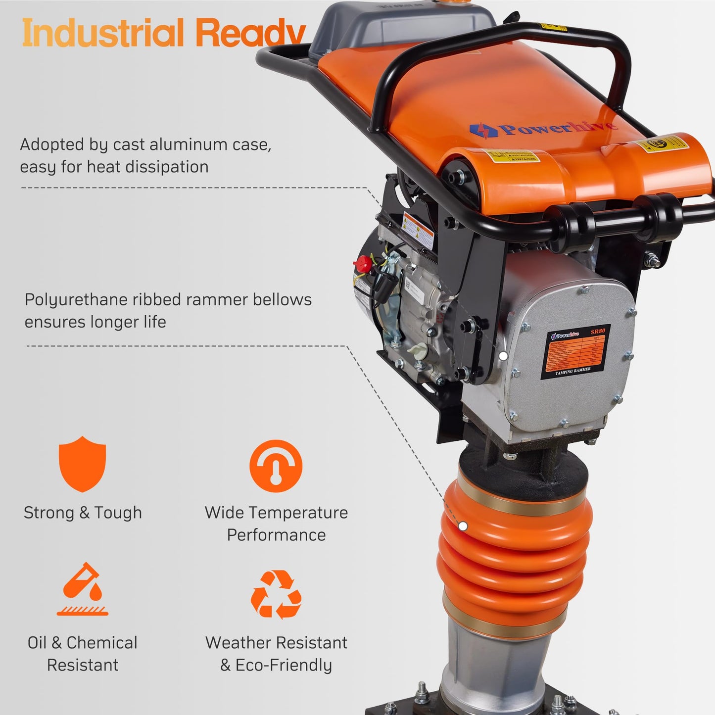 Powerhive Jumping Jack Compactor 6.5 HP 196cc 4 Stroke Gas Engine 2700 lbs Impact Force for Soil, Gravel, Footings, Concrete Slabs, and Foundations