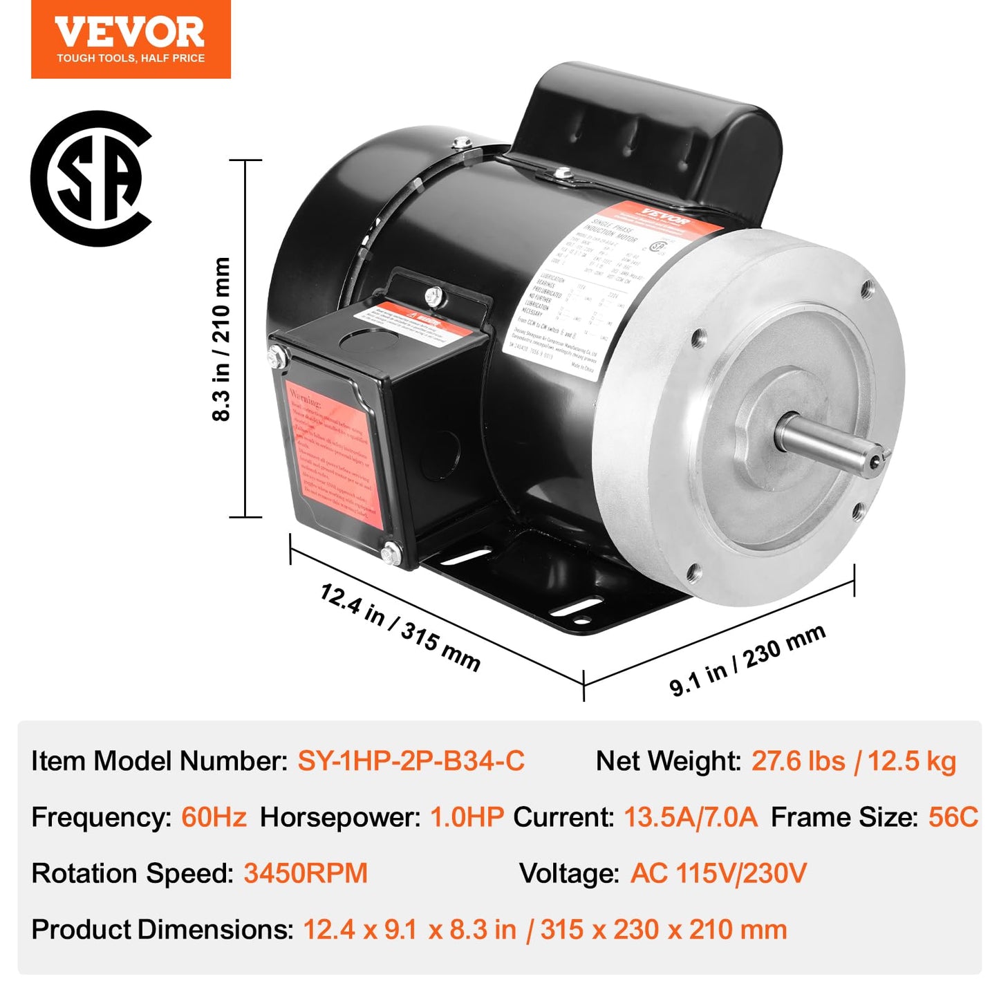 VEVOR 1HP Electric Motor 3450 RPM, AC 115V/230V, 56C Frame, Air Compressor Motor Single Phase, 5/8" Keyed Shaft, CW/CCW Rotation for Agricultural Machinery and General Equipment