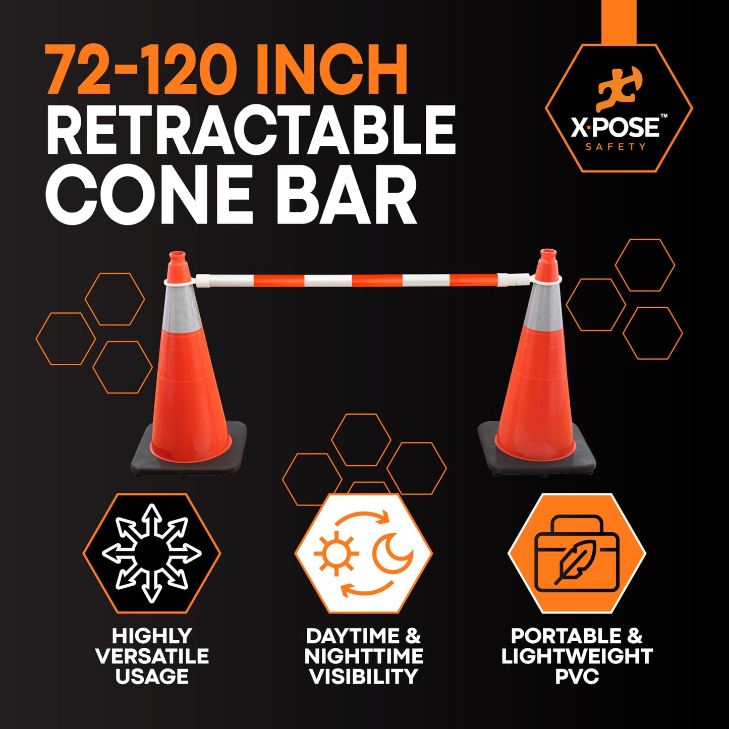 Xpose Safety Reflective Retractable Barrier for Traffic Cones – 6 Pack, Orange/White, Expandable 72″–120″ for Construction, Parking & Crowd Control