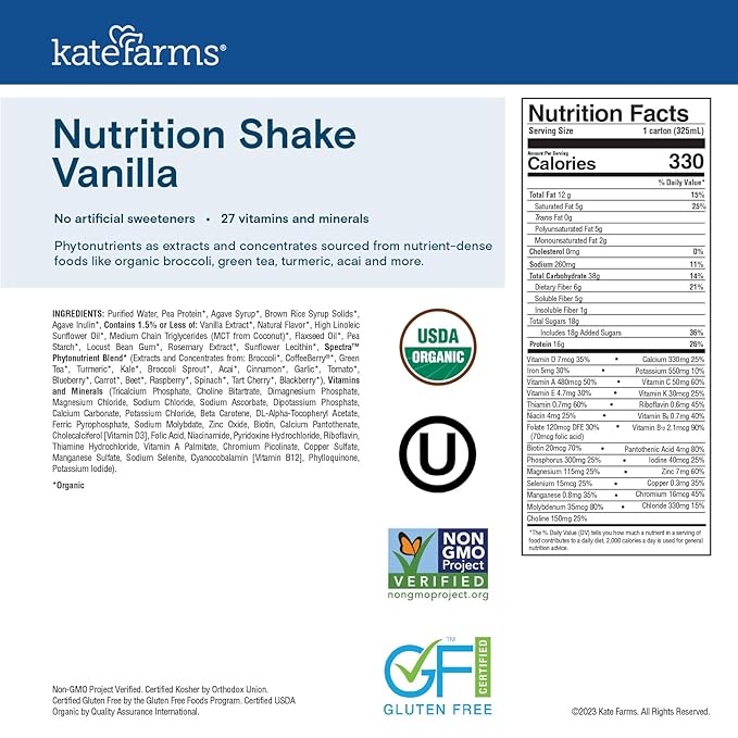 Kate Farms Organic Nutrition Shake, Vanilla, 16g Protein, 27 Vitamins and Minerals, Meal Replacement, 11 oz, 6 Pack