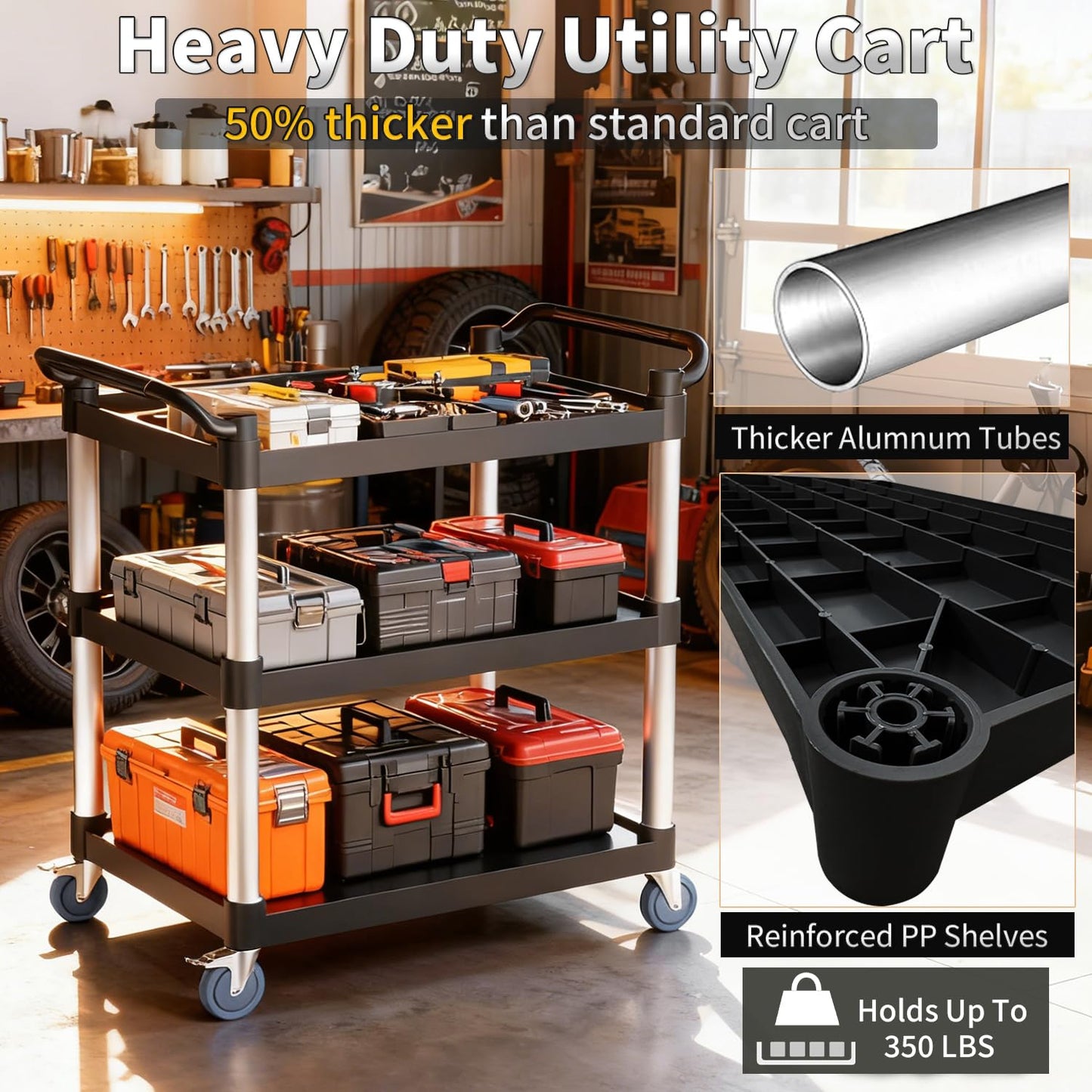 Utility Cart with Tangle-Free Wheels, 3 Tier Rolling Cart with Wheels(2 with Brakes), Heavy Duty 350 Lbs Capacity,Commercial Serving Cart for Home, Office, Restaurant, Warehouse.34 L x 17" W x 38" H