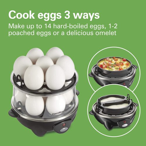 Hamilton Beach 3-in-1 Electric Egg Cooker - Hard Boiled, Poached & Omelet Maker, Black | Holds 14 Eggs
