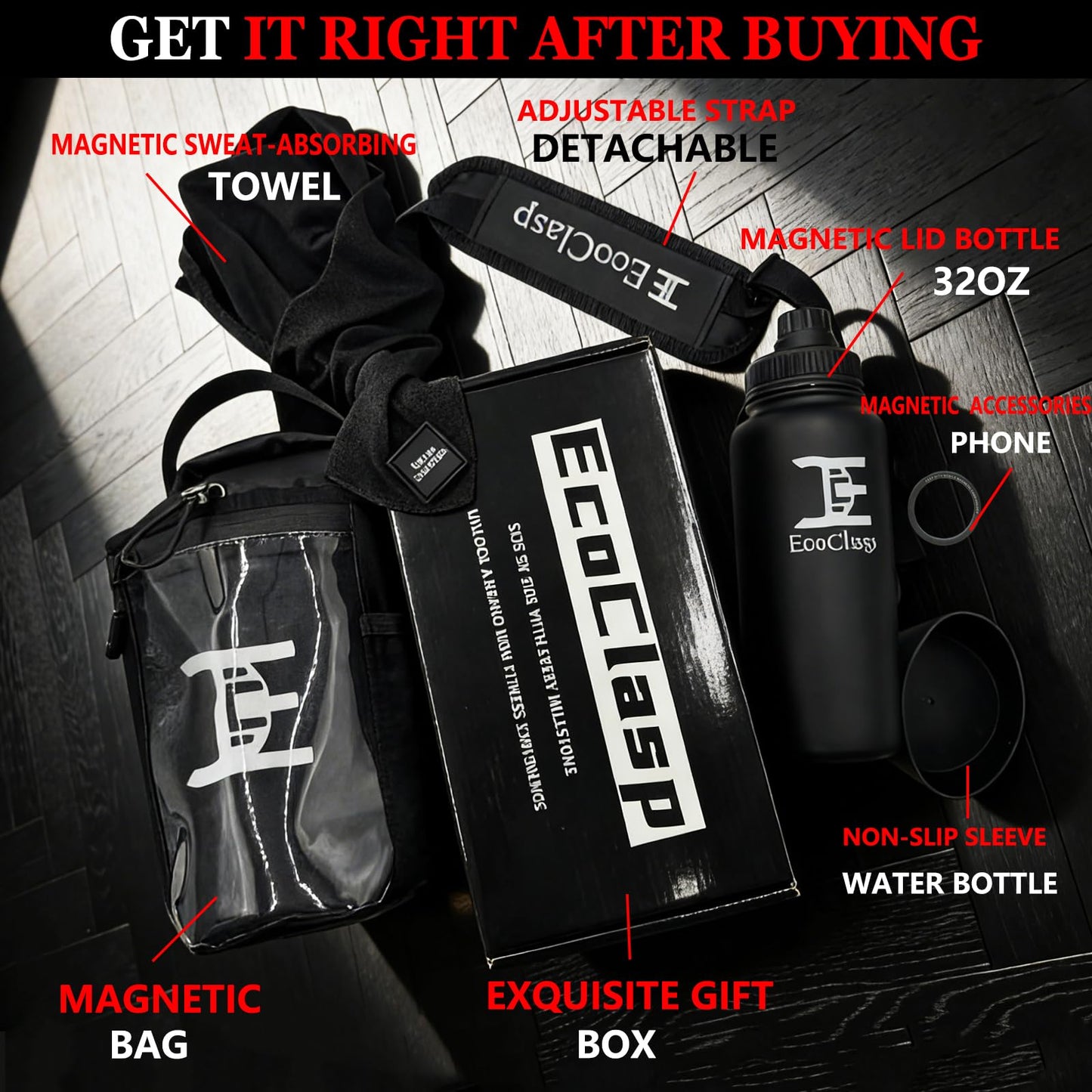 EC Ecoclasp Magnetic Gym Bag Water Bottle Holder Small Bag for Men Women Waterproof 900D Gym Gifts 32oz Insulated Water Bottle Towel Set