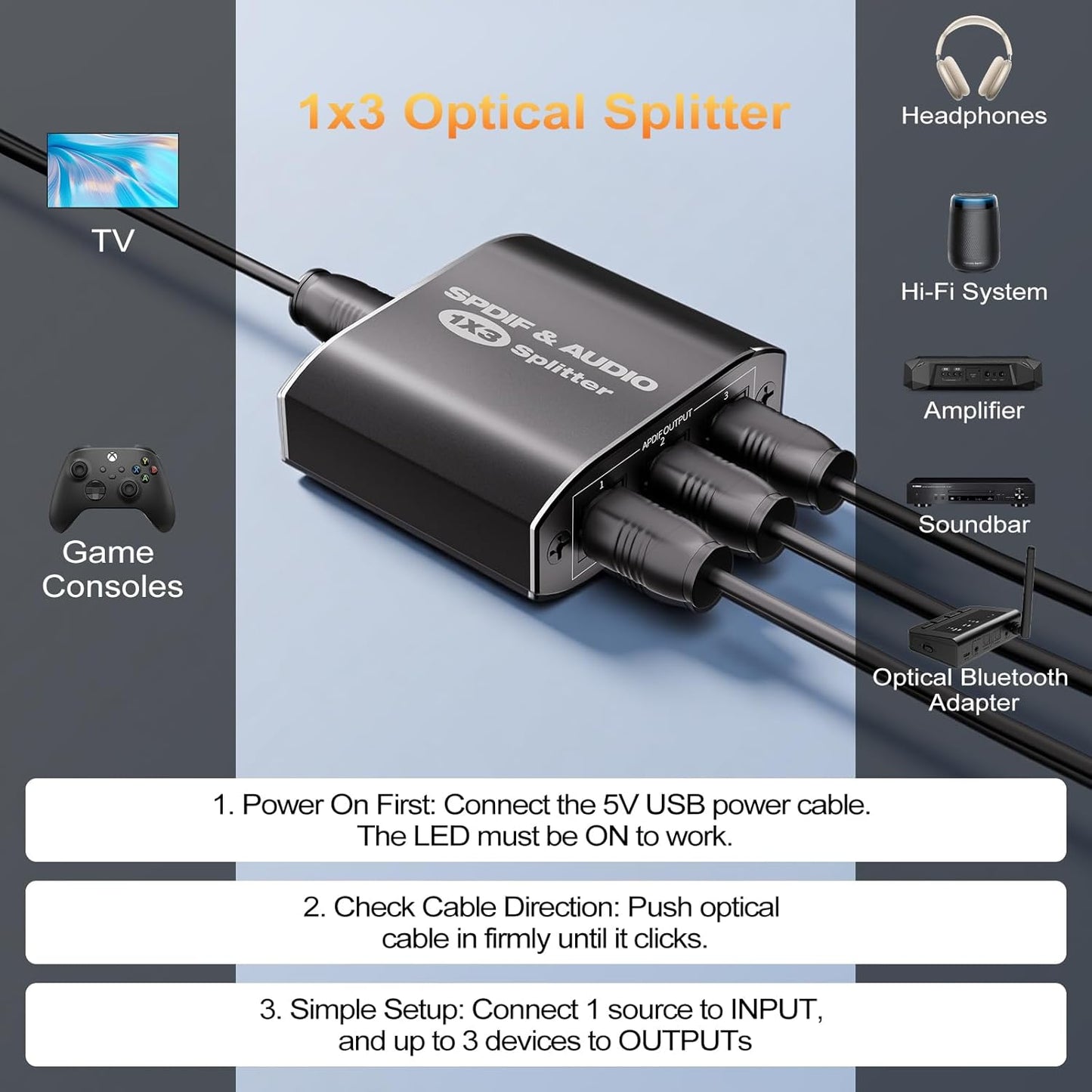 1x3, 1 3 Dolby 5.1 LPCM 2.0, PS5, Optical Audio Splitter Toslink Digital SPDIF Splitter in Out Supports Digital DTS