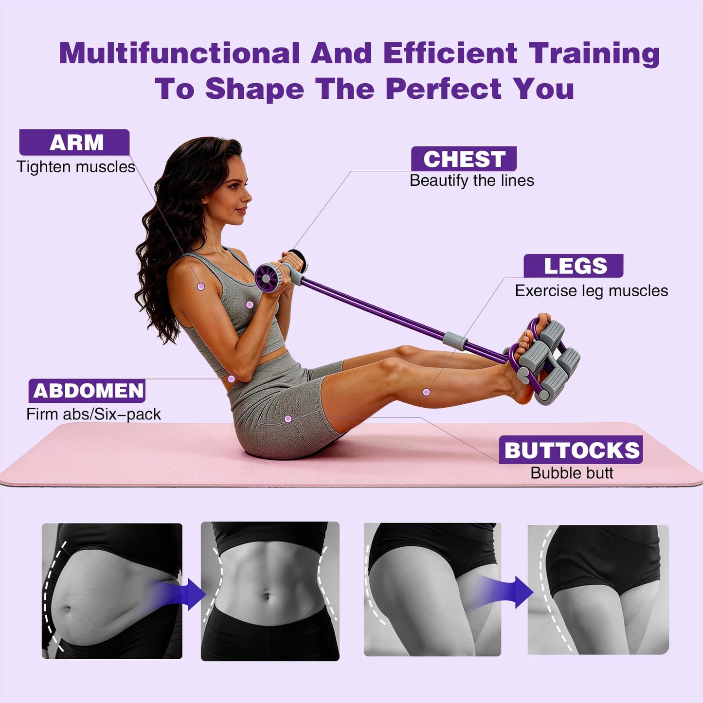 Resistance Bands with Handles, 6 Tube Pedal Resistance Band for Exercise, Dual Pedal Adjustable Resistance, Ab Roller Handle Full Body Home Workout Equipment for Abs, Legs, Arms, Women (Purple)