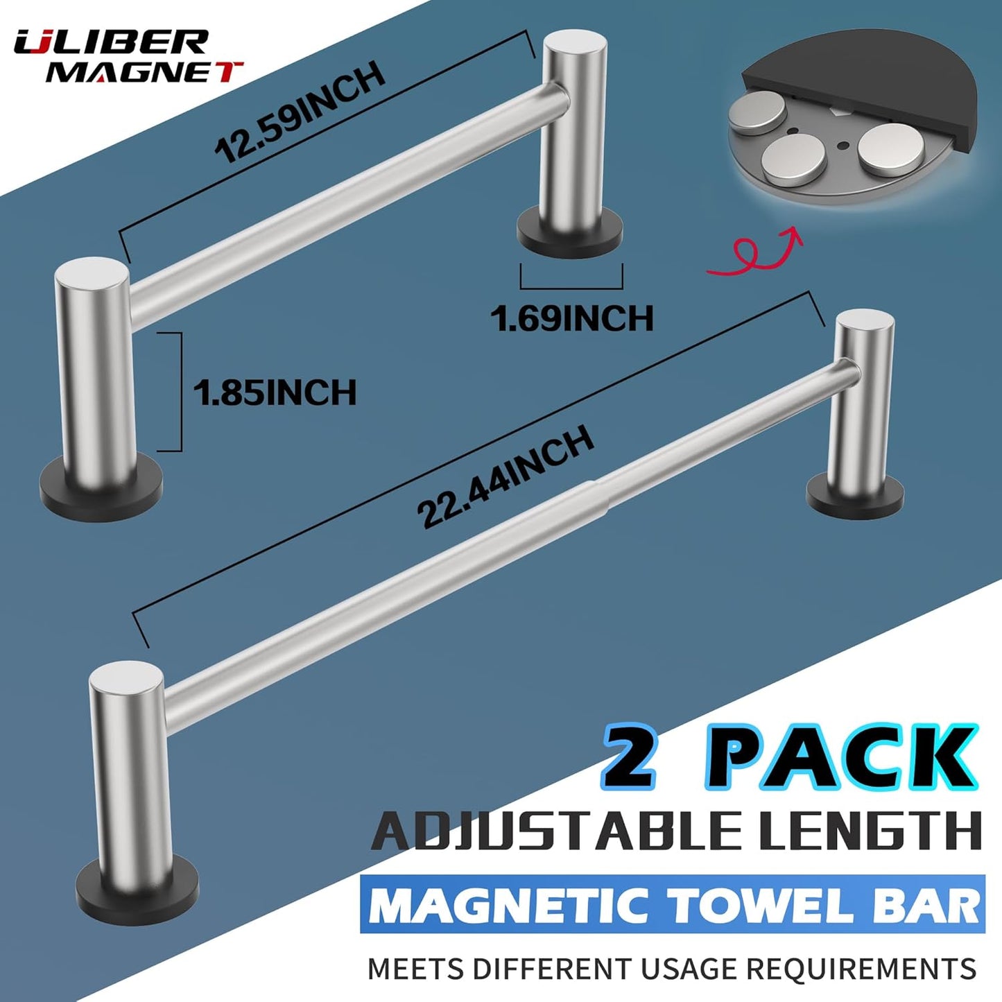ULIBERMAGNET Magnetic Towel Holder - Adjustable Length Brushed Nickel Stainless Steel Rail | 2 Pack