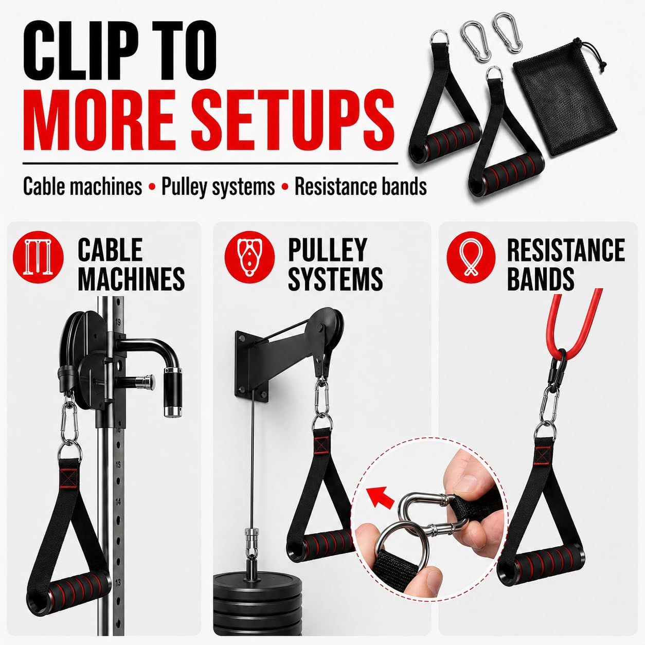 Cable Machine Handles 2 Pack, Foam Grip Exercise Handles with Carabiners and Mesh Bag for Lat Pulldown, Cable Rows, Tricep Pushdown, Resistance Bands and Home Gym Workouts