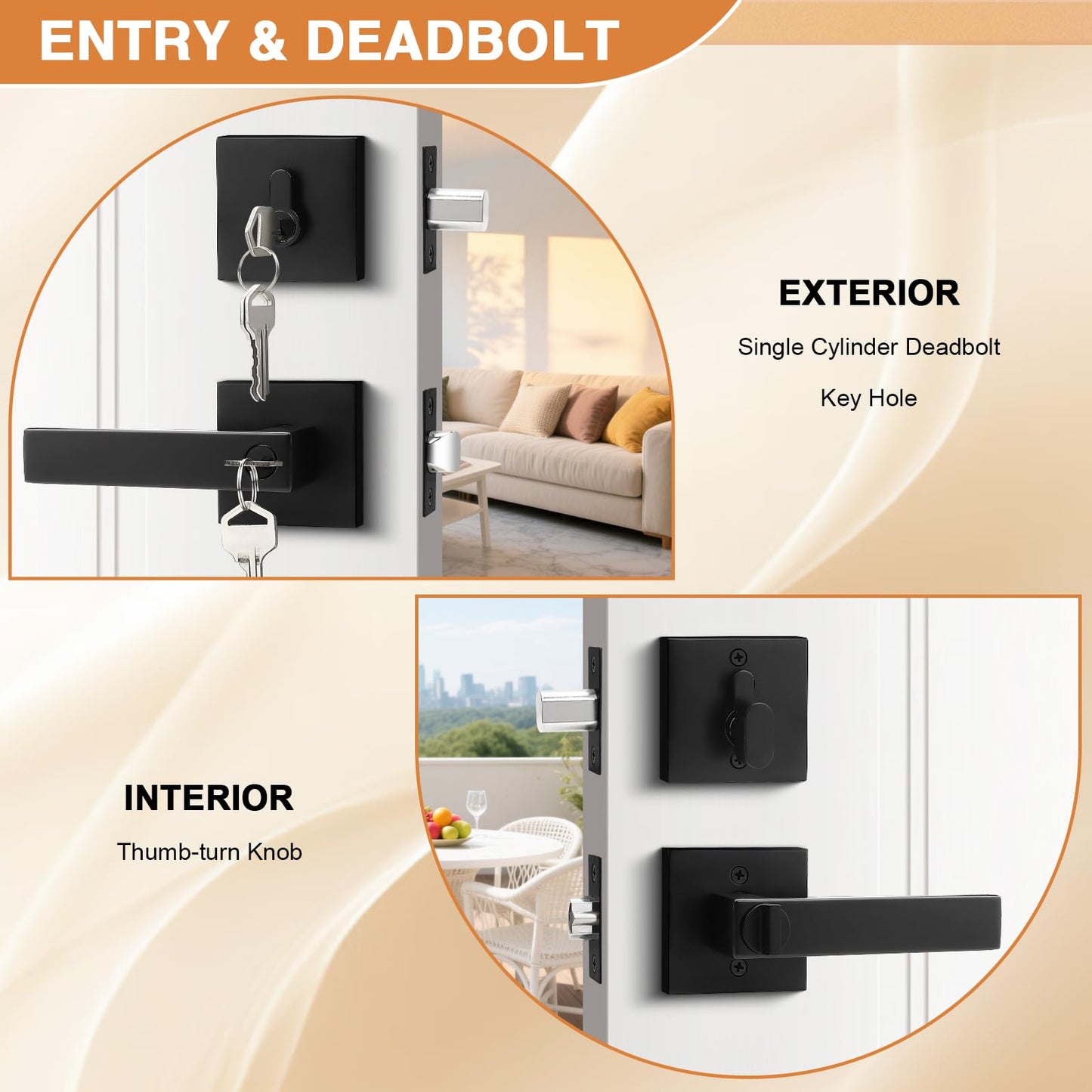Probrico Square Entry Levers and Single Cylinder Deadbolts Combo Pack, Flat Black Keyed Alike Heavy Duty Keyed Entry Handles Locksets Reversible for Right and Left Side, 2 Pack(All Same Keys)