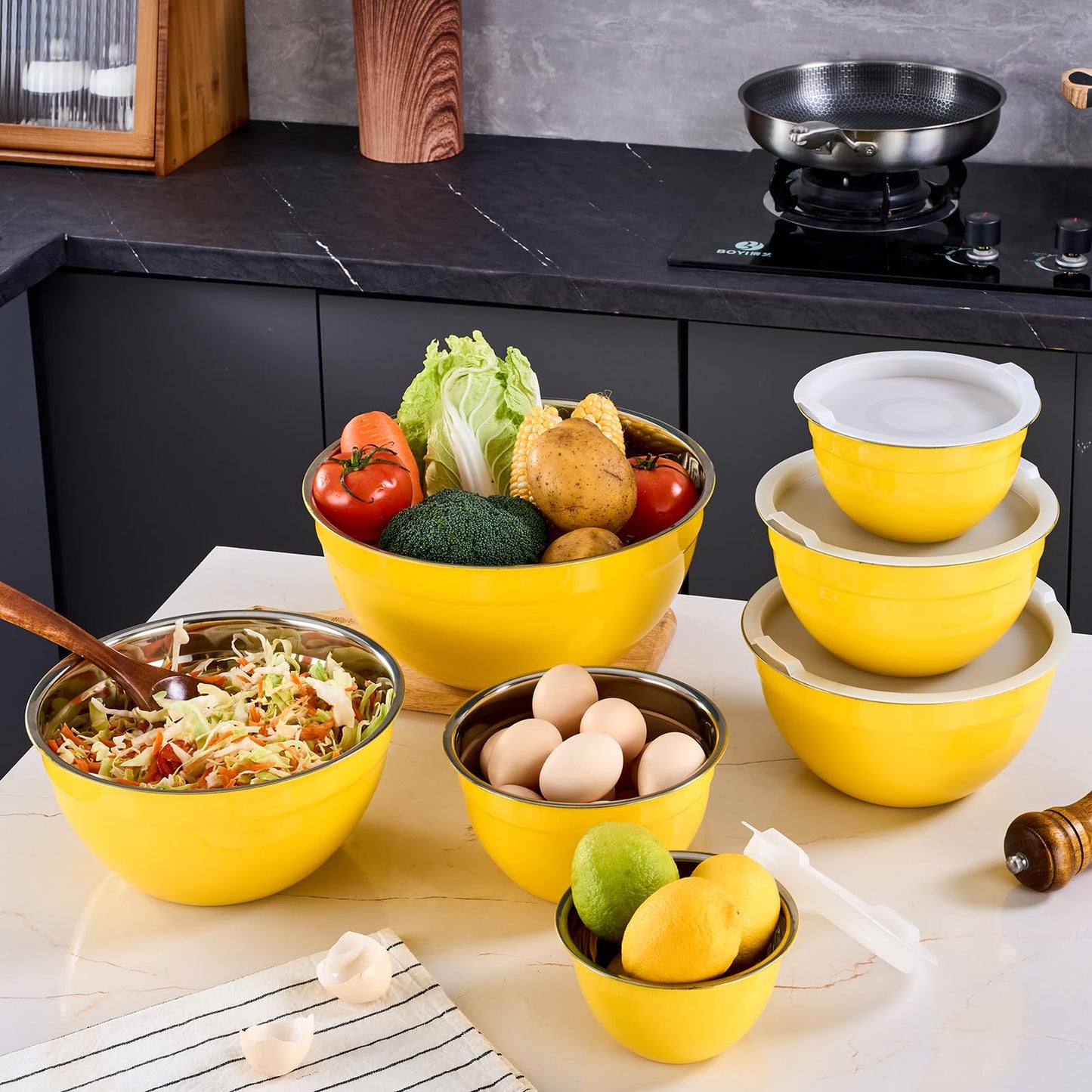 Onlycooker Yellow Mixing Bowls With Airtight Lids,Stainless Steel Bowl,Salad Bowls 7 Piece Colorful Nesting Bowl Yellow Kitchen Accessories,Size 7,3.6,2.7,2.1,1.5,1.1,0.8QT Stackable Design