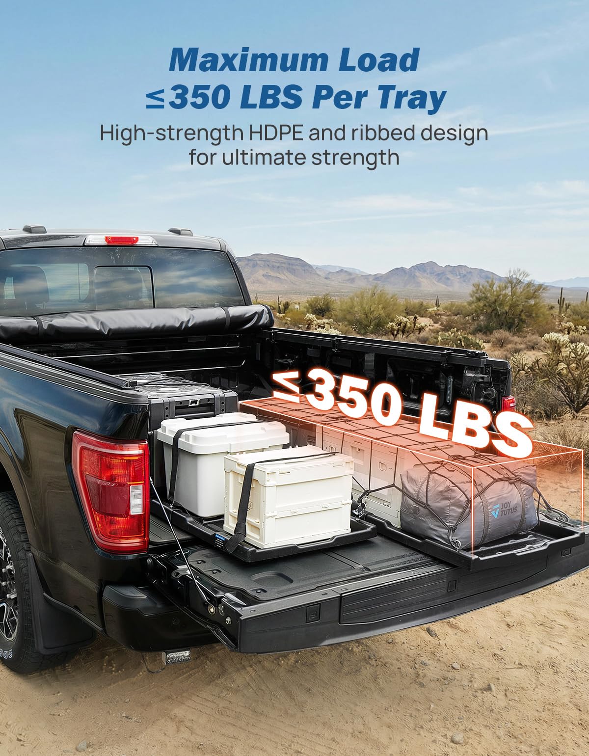 JOYTUTUS Truck Bed Slide Out Compatible with Ford Silverado Ram GMC Sierra Gladiator Toyota Tacoma, Adjustable Length HDPE Heavy-Duty Cargo Storage Tray, Max 350 LBS