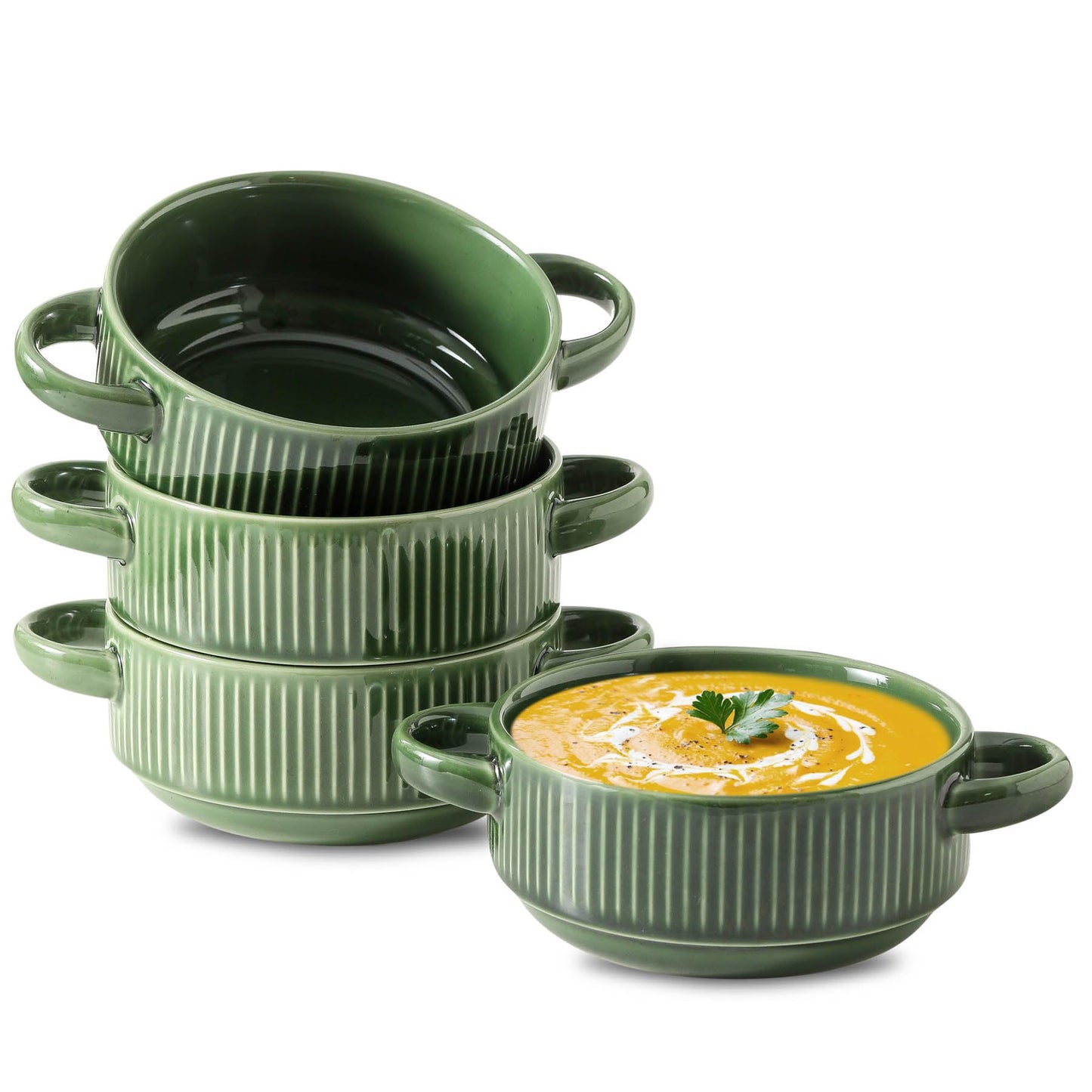 Howise Soup Bowls with Handles, 23 oz French Onion Soup Crocks, Stackable Soup Bowl Oven Safe for Chili, Beef Stew, Embossment Ceramic Bowl Set - 5.4 Inch, Set of 4 (Green)