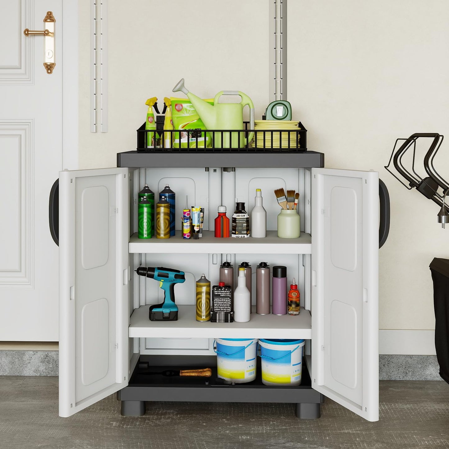Giantex Storage Cabinet with 2 Doors and Adjustable Shelves, Modern Plastic Base Garage Organizer, Floor Sideboard for Kitchen, Dining Room, Bathroom (Wide-29"x19"x37",White+Grey)