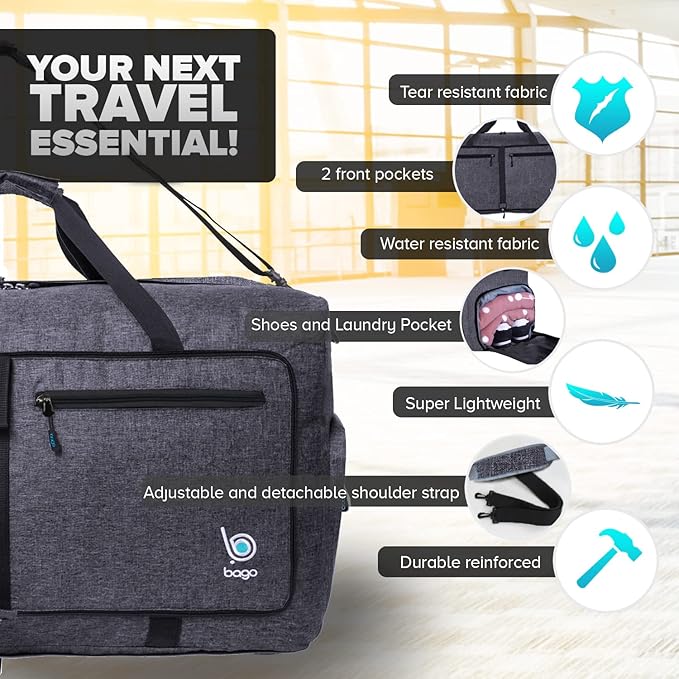Bago Foldable Duffel Bags for Traveling Women & Men - 60L Medium Packable Duffle Bag for Travel with Shoe Compartment - Water Repellant, Heavy Duty, Lightweight Folding & Collapsible (SnowBlack)