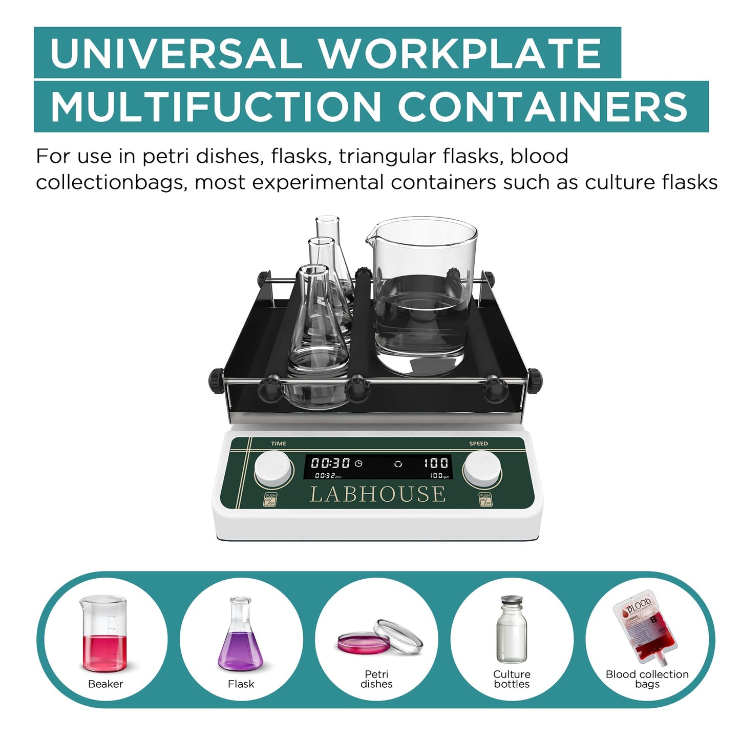 LABHOUSE Lab Digital Orbital Shaker Mixer | 9.85"x9.85" Plate Size Adjustable Speed 40-200RPM Capacity 2KGS | Timed and Continuous Modes Rotator Shaker for Laboratory