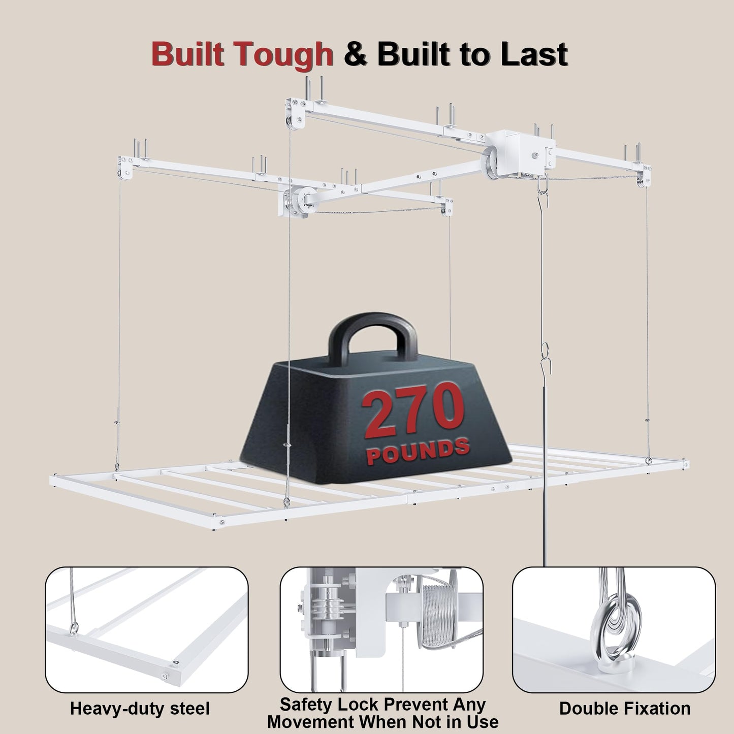 Leavader Manual Garage Storage Lift 3x6 FT for 10-12 ft Ceilings, Crank Down Overhead Storage Rack with Safety Lock, Heavy Duty Steel Garage Ceiling Storage System, 270LBS Capacity
