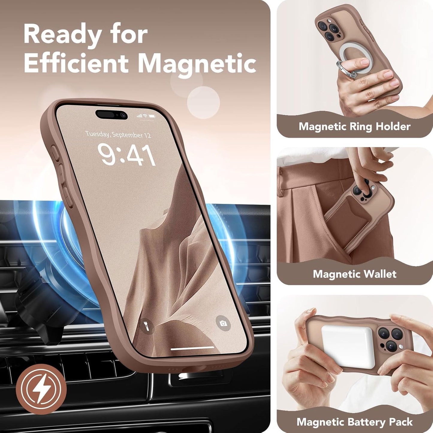 CAPRARO 15 [14 15 6.1 Inch, Cute for iPhone Pro Case, Compatible with MagSafe, [Curly Wave Edge] [Full Camera