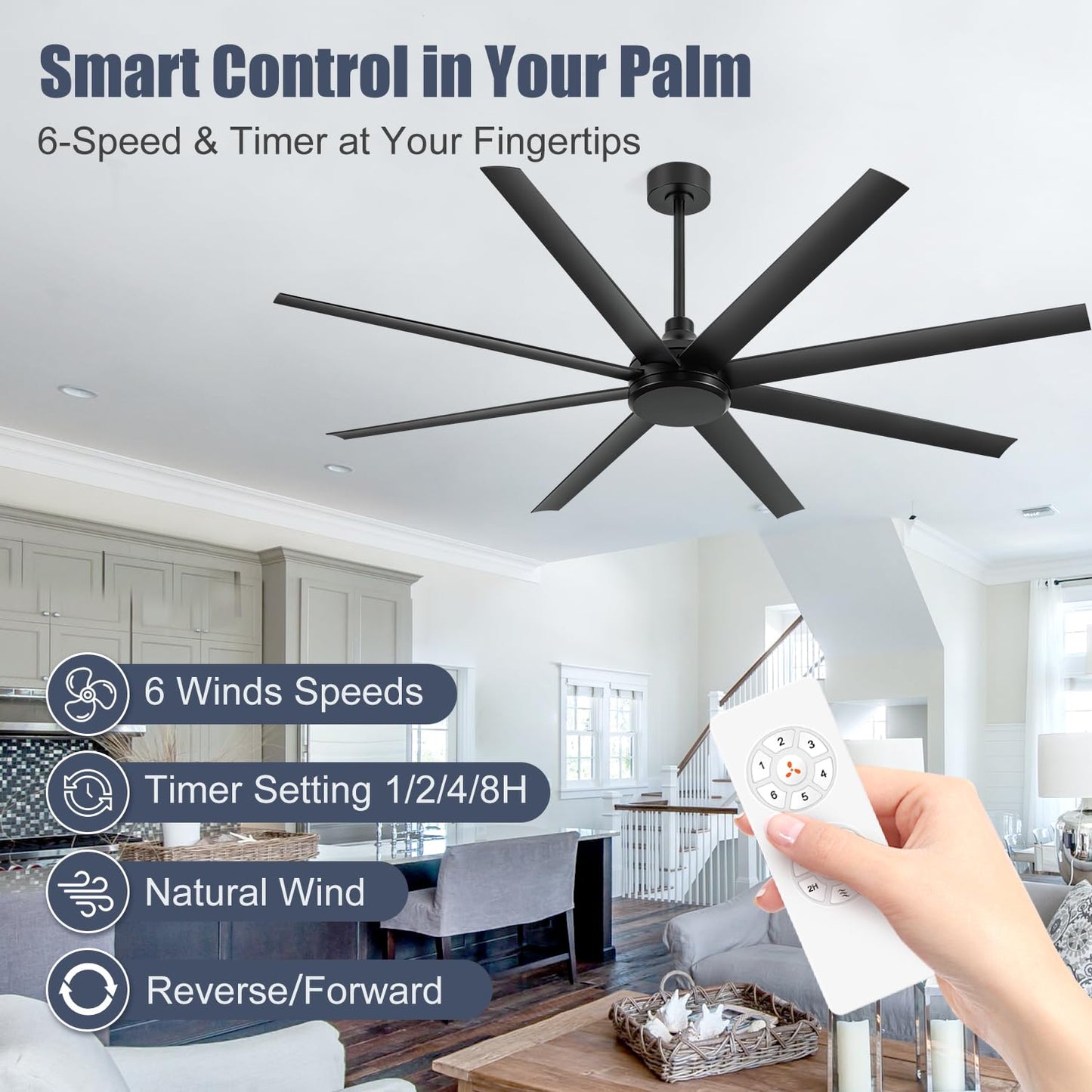 72 Inch Ceiling Fan No Light, Modern Ceiling Fan with Remote Control, Quite DC Motor 8 Reversible Blades Indoor Outdoor Industrial Ceiling Fan without Light For Living Room Bedroom Patio Garage-Black
