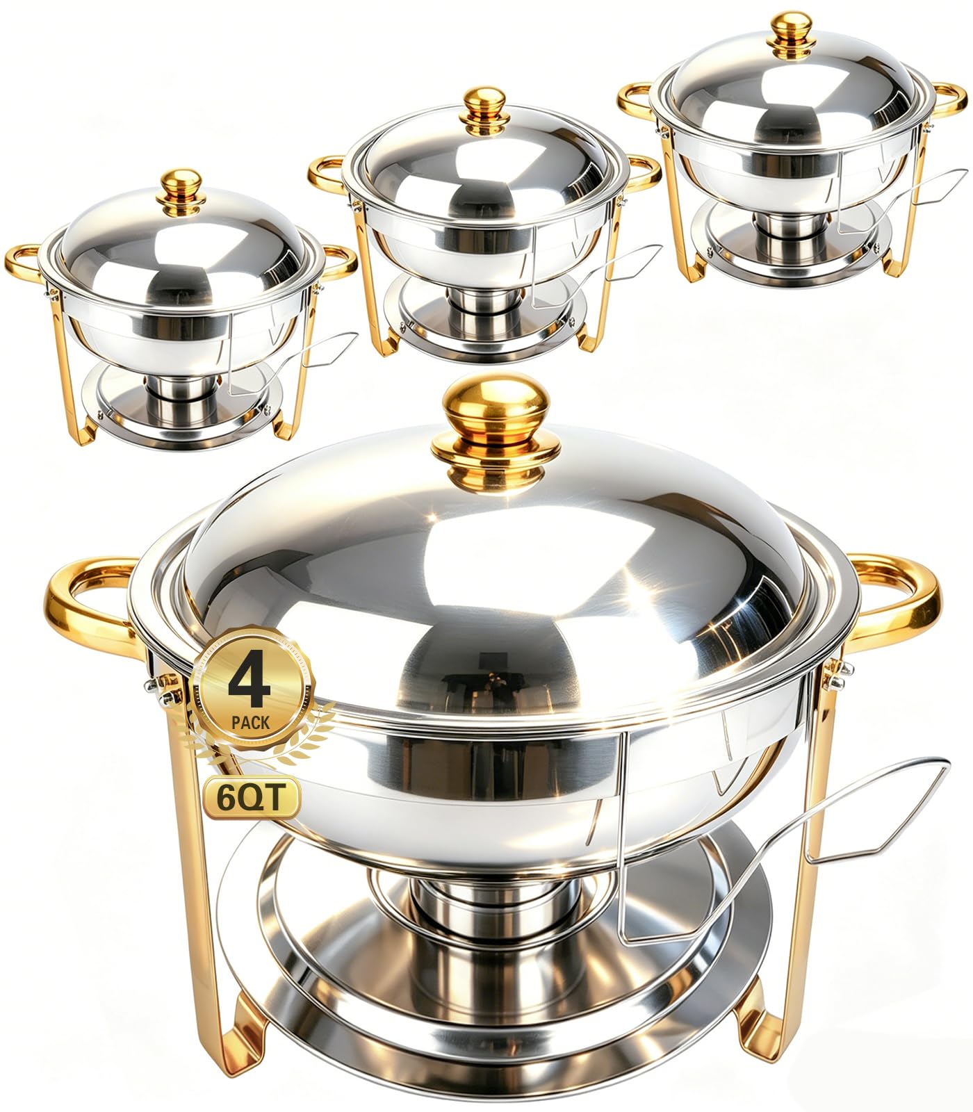 Chafing Dishes for Buffet 4 Pack, 6QT Round Chafing Dish Buffet Set Stainless Steel Buffet Food Warmers Set for Catering Events Party Dinner with Complete Set, Gold and Silver Chafing Dishes for Party