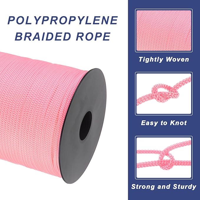 MECCANIXITY 1/8 Inch Polypropylene Rope Braided Ropes, 328ft Nylon Rope Hollow Utility Cord for Clothesline, Camping, Hiking, Outdoor, Pink